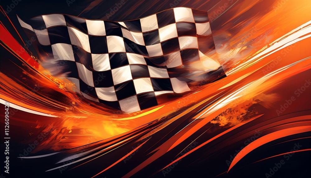 Poster racing flag waving amidst dynamic flames.