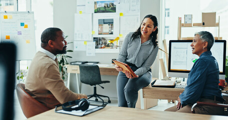 Architect, group and meeting with planning in office for discussion, brainstorming or review for...