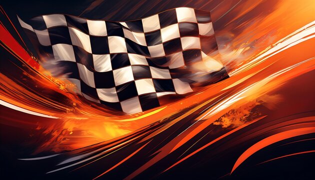 Racing flag waving amidst dynamic flames.