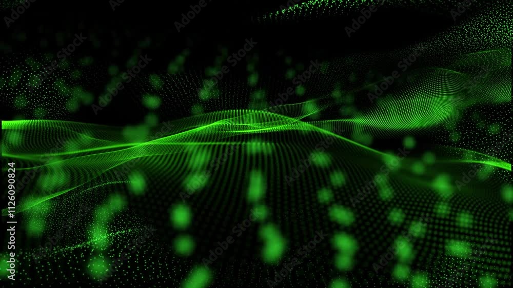 Poster abstract futuristic technology animated green particle dot wave motion background. twisted futuristi