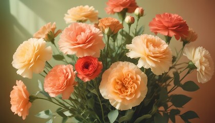 Flores variadas de colores pastel, incluidas rosas, claveles y otras flores delicadas, dispuestas sobre un fondo de tonos c&aacute;lidos con sombras suaves