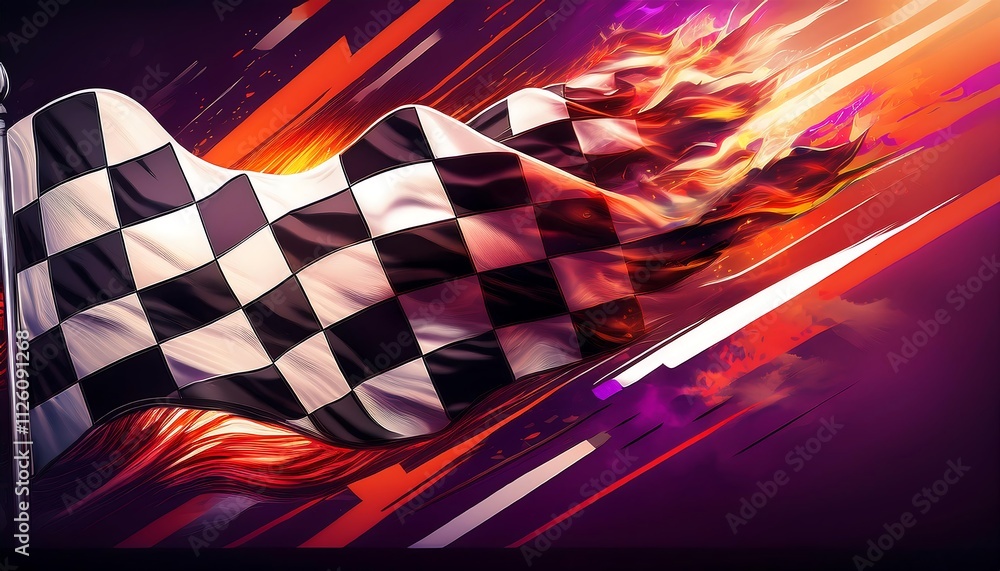 Poster A dynamic checkered flag with flames and motion.
