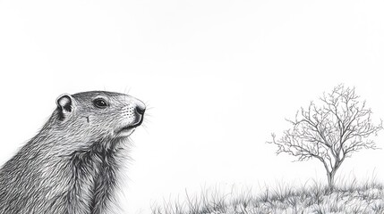 Obraz premium Detailed pencil sketch of a groundhog looking towards a leafless tree on a hill.