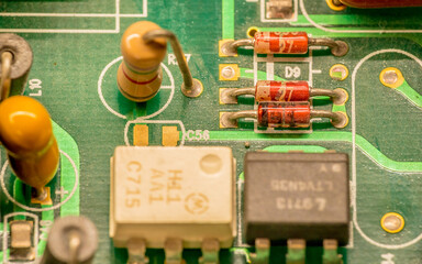 components mounted on PCB, printec, circuit, board, capacitor, resistor, integrated circuit,...