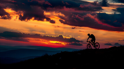 Fototapeta premium Silhouette of mountain biker riding at sunset.