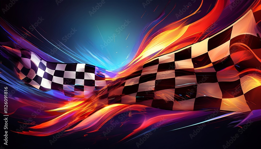 Poster Dynamic racing flags with vibrant flames.