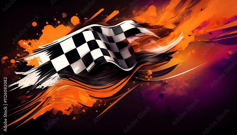 Poster Dynamic racing flag with vibrant background.