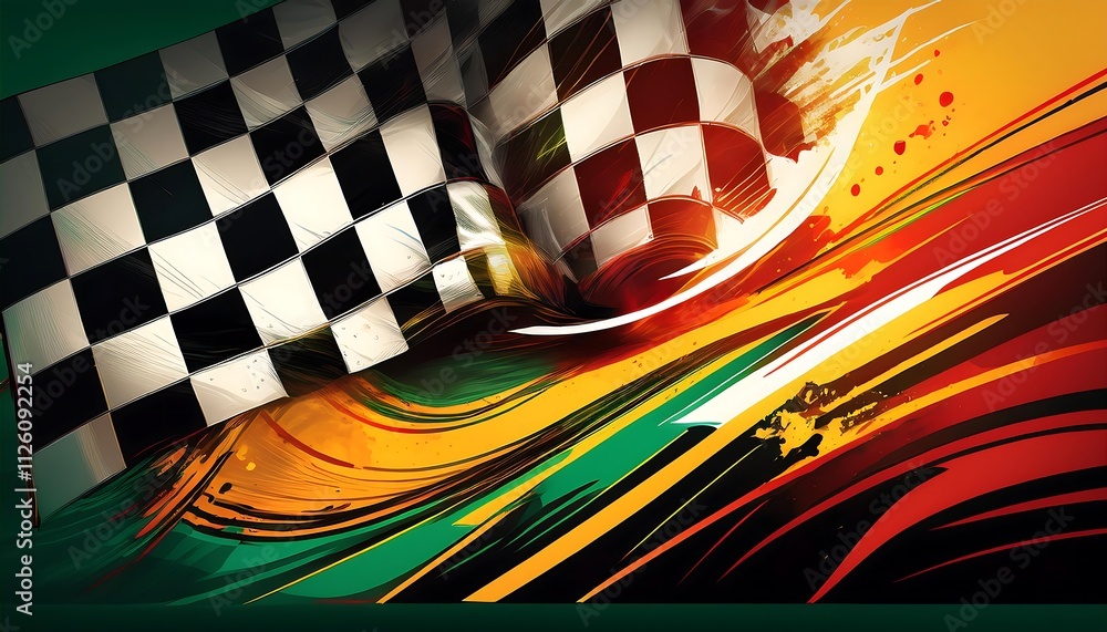 Poster racing flag in motion with vibrant colors.