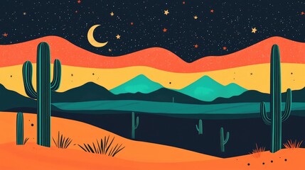 Desert Night with Starry Sky and Cacti