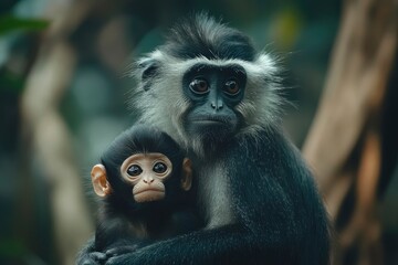 Obraz premium Leaf Monkeys or Dusky Langur and mother who are living in the forest, 
