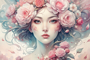 Naklejka premium Woman with flowing pastel hair and floral accents
