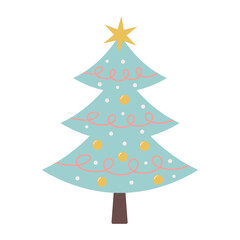 Christmas tree with baubles and garland isolated on white background. Nursery art and Scandinavian style.