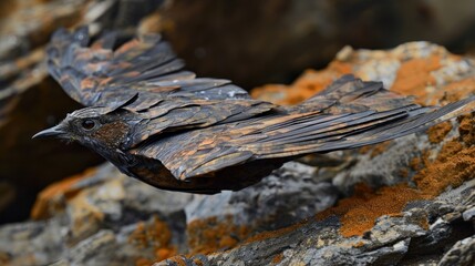 A bird in flight over rocky terrain, showcasing its unique plumage and natural habitat.