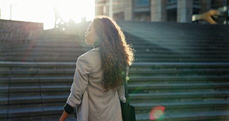 Commuting, thinking and woman with bag, city and travel for story, inspiration and confident for...