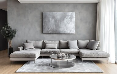 Modern living room interior with grey sofa, painting and decor.