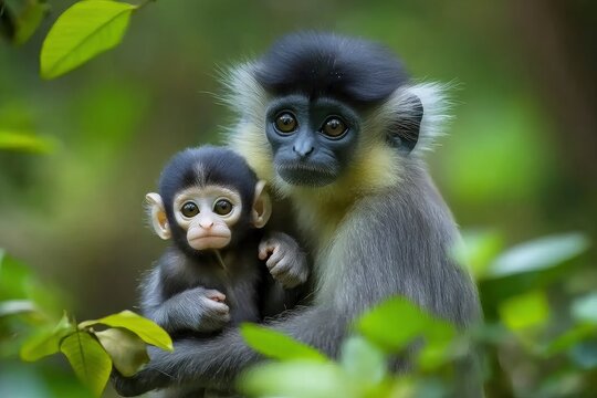 Leaf Monkeys or Dusky Langur and mother who are living in the forest, 