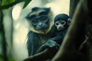 Fototapeta premium Leaf Monkeys or Dusky Langur and mother who are living in the forest, 