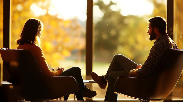 Engaging conversation between counselor and patient in warm light