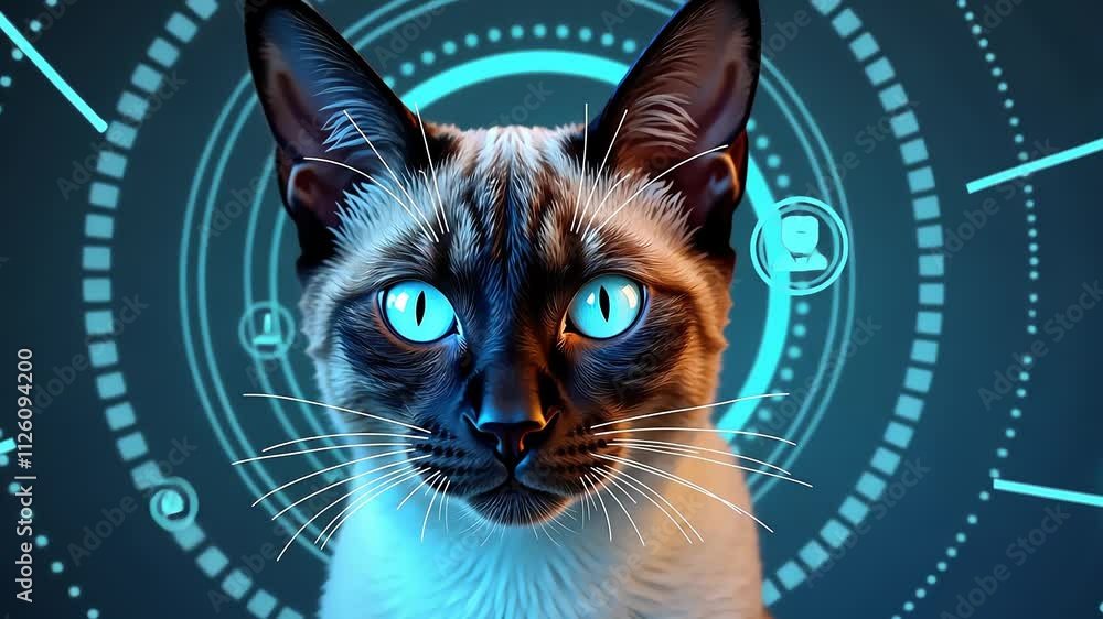 Poster futuristic siamese cat interacts with digital interface in animated sequence