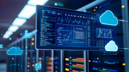 An internet data center room filled with servers and networking devices, featuring a KVM monitor displaying cloud service icons and connection lines, highlighting cloud computing.