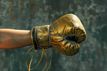 A close-up of a golden boxing glove in a dynamic pose, representing strength and determination against a textured backdrop.