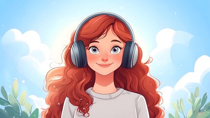 A red-haired woman with curly hair and gray eyes smiles happily while wearing headphones, enjoying her music in a bright outdoor setting filled with greenery and blue skies. cartoon style.