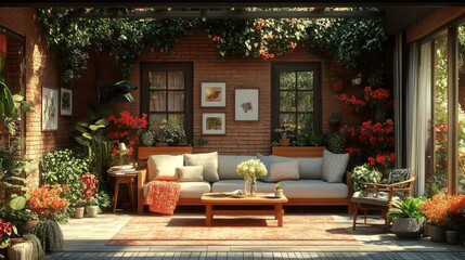 Fototapeta premium Cozy Indoor Garden with Bright Flowers and Comfortable Seating Area