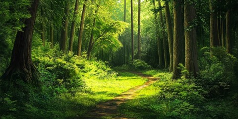 Obraz premium Lush green forest in summer showcases vibrant foliage and tranquil scenery, inviting exploration and connection with nature in a beautiful green forest filled with life and serenity.