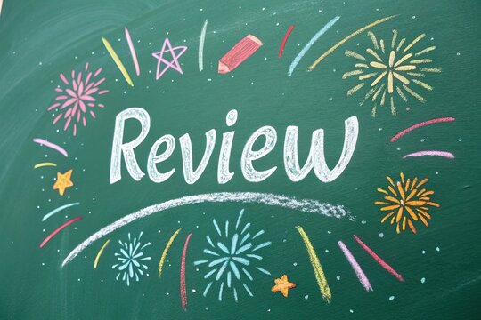 Word review on chalkboard with colorful decoration for lesson conclusion
