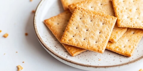 Fototapeta premium Cracker placed on a plate against a white background, showcasing the texture and simplicity of the cracker, perfect for various culinary presentations and snack ideas involving crackers.