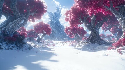 Enchanting Winter Wonderland  Pink Trees  Snowy Path  Fantasy Landscape