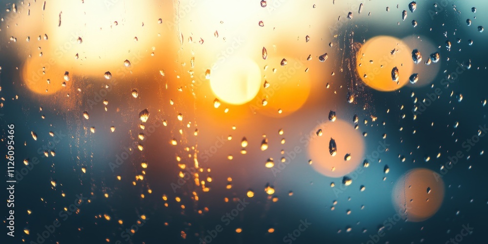 Poster defocused background featuring drops of rain on a window, with a beautiful sunrise creating bokeh li
