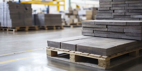 Paving slabs showcased in a factory setting, highlighting tiles stacked on pallets. Close up view emphasizes the quality of paving slabs during the production process.