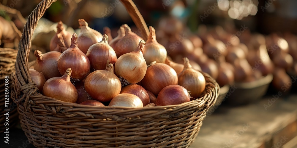 Poster closeup of a wicker basket filled with numerous ripe onions placed on a table, showcasing the vibran