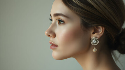 Elegant side profile of a woman showcasing a luminous complexion against a neutral backdrop