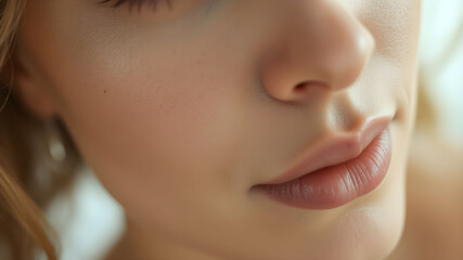 Elegant side profile of a woman showcasing a luminous complexion against a neutral backdrop