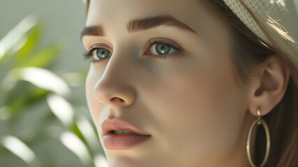 Elegant side profile of a woman showcasing a luminous complexion against a neutral backdrop