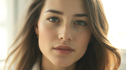Elegant side profile of a woman showcasing a luminous complexion against a neutral backdrop