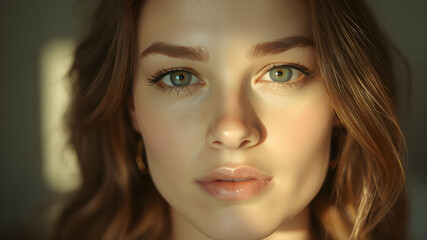 Elegant side profile of a woman showcasing a luminous complexion against a neutral backdrop
