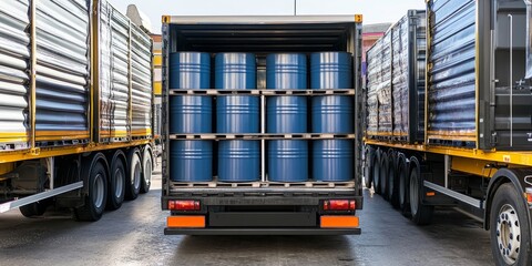 Truck body view from the rear showcasing plastic industrial containers on pallets. The truck body is loaded with barrels for liquids and a container for fuel transportation, suitable for various