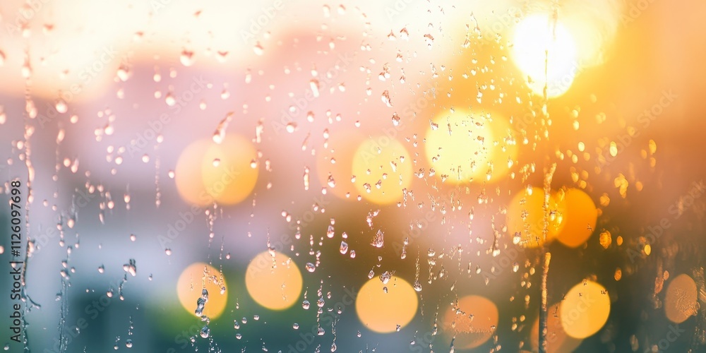 Poster defocused background featuring drops of rain on a window, with a beautiful sunrise creating bokeh li
