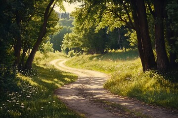 Naklejka premium A serene dirt path winding through a lush green forest, inviting exploration and tranquility.