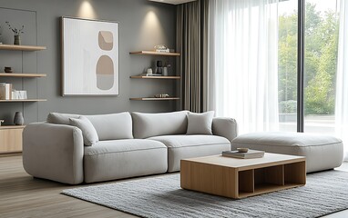 Modern living room interior with comfortable sofa, ottoman, and wooden coffee table.