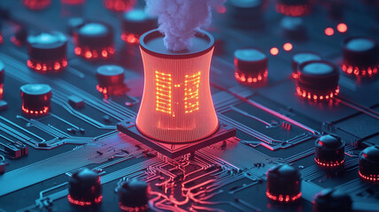 Futuristic nuclear power plant integrated into a digital circuit board to power AI technology.