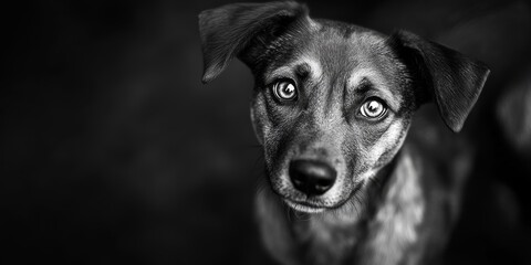 A melancholic stray dog captured in striking black and white, showcasing the emotions of a very sad stray dog through its expressive eyes and posture in this poignant image.