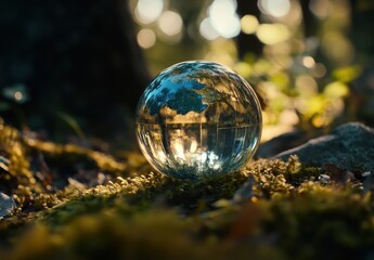 Captivating Glass Sphere Reflecting the Beautiful World Amidst Forest Floor with Soft Natural Light and Lush Greenary, Perfect for Environmental Themes