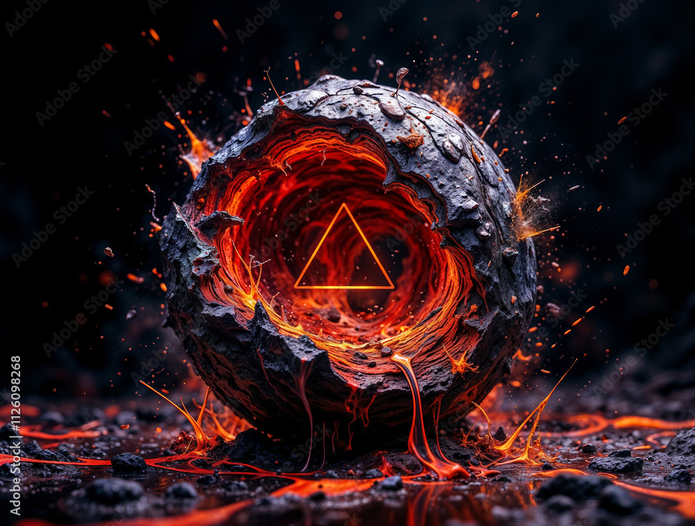Poster a split meteorite with triangle and liquid lava inside . generative ai