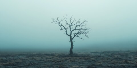 Lone bare tree stands in a unique foggy barren landscape, showcasing the distinctive features of Alvar. This image highlights the beauty of Alvar with its solitary tree amidst the fog.