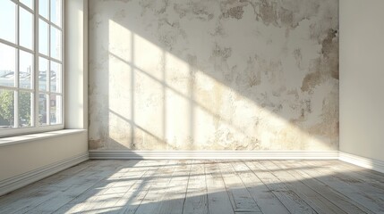 Sunlight streams into an empty room with a textured wall and hardwood floor.