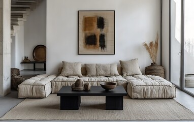 Modern minimalist living room with beige modular sofa, abstract art, and natural decor.